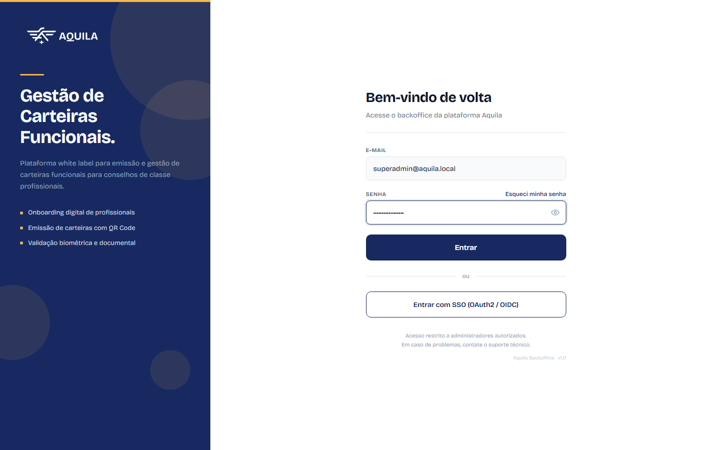 Tela de login do backoffice