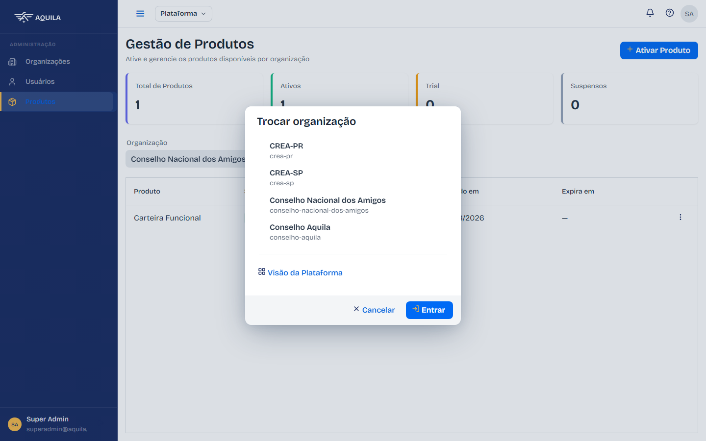 Seletor de organizações com a nova organização
