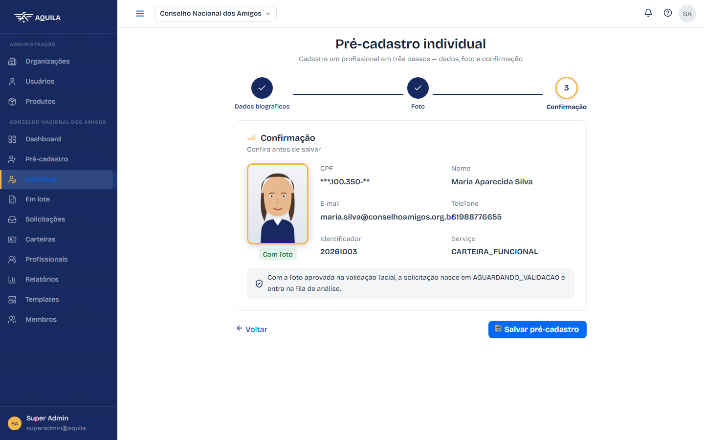 Confirmação do pré-cadastro